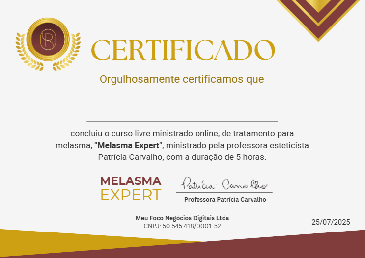 Certificado do curso Melasma Expert